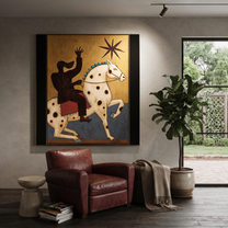 Sage Horizon Cross the Quiet Field - symbolic horse and rider painting by Isabelle Laurent, modern Western vertical wall art – styled room scene view 2