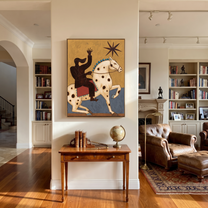 Sage Horizon Cross the Quiet Field - symbolic horse and rider painting by Isabelle Laurent, modern Western vertical wall art – styled room scene view 3