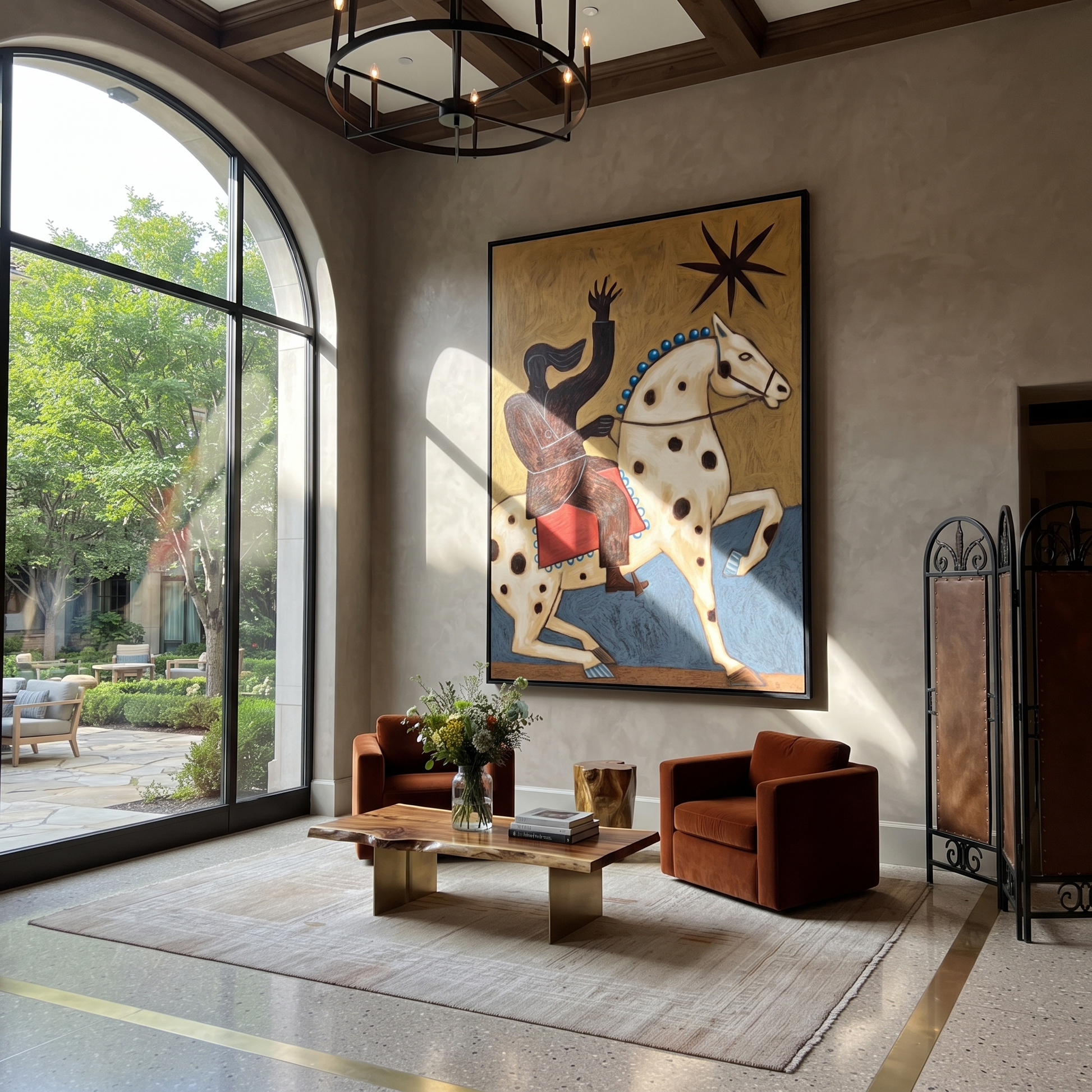 Sage Horizon Cross the Quiet Field - symbolic horse and rider painting by Isabelle Laurent, modern Western vertical wall art – styled room scene view 4