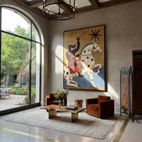 Sage Horizon Cross the Quiet Field - symbolic horse and rider painting by Isabelle Laurent, modern Western vertical wall art – styled room scene view 4