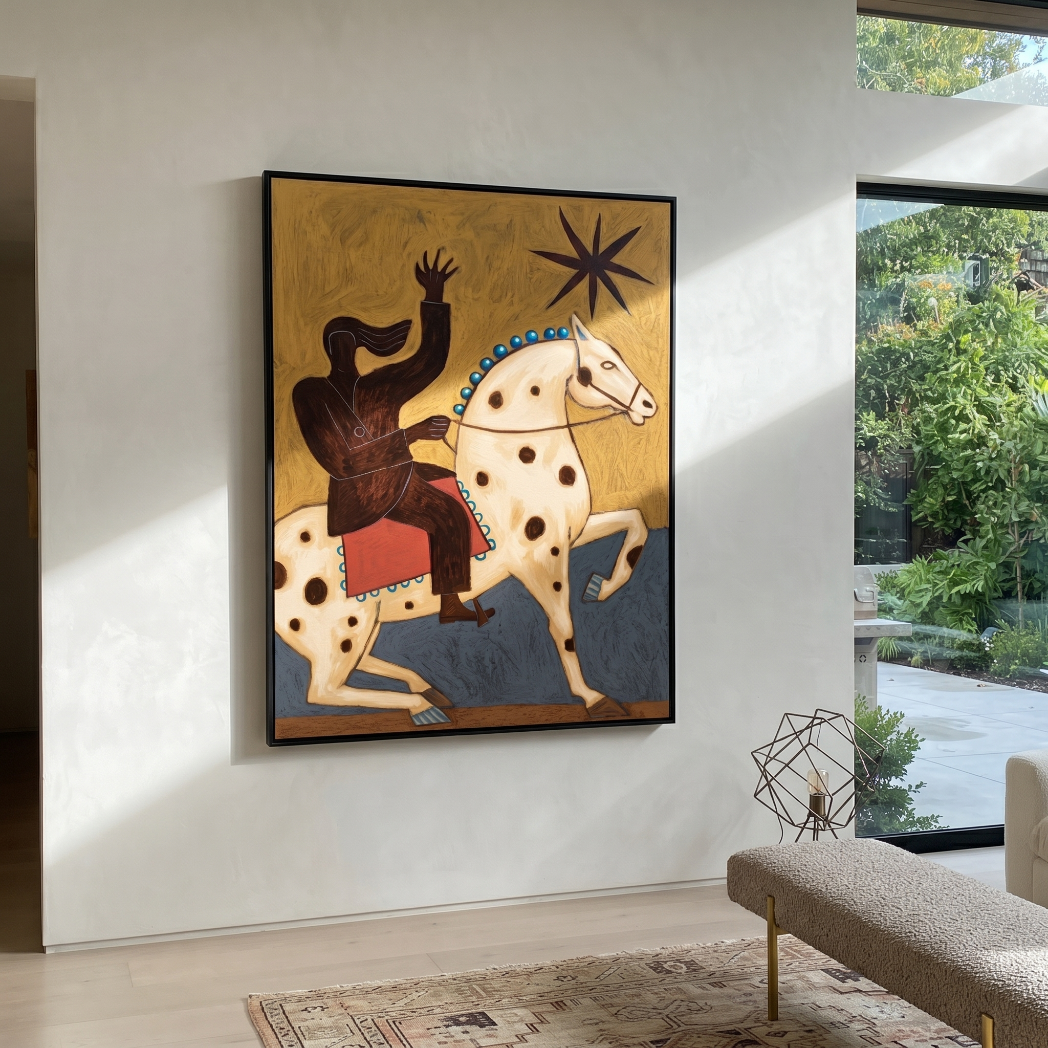 Sage Horizon Cross the Quiet Field - symbolic horse and rider painting by Isabelle Laurent, modern Western vertical wall art – styled room scene view 5