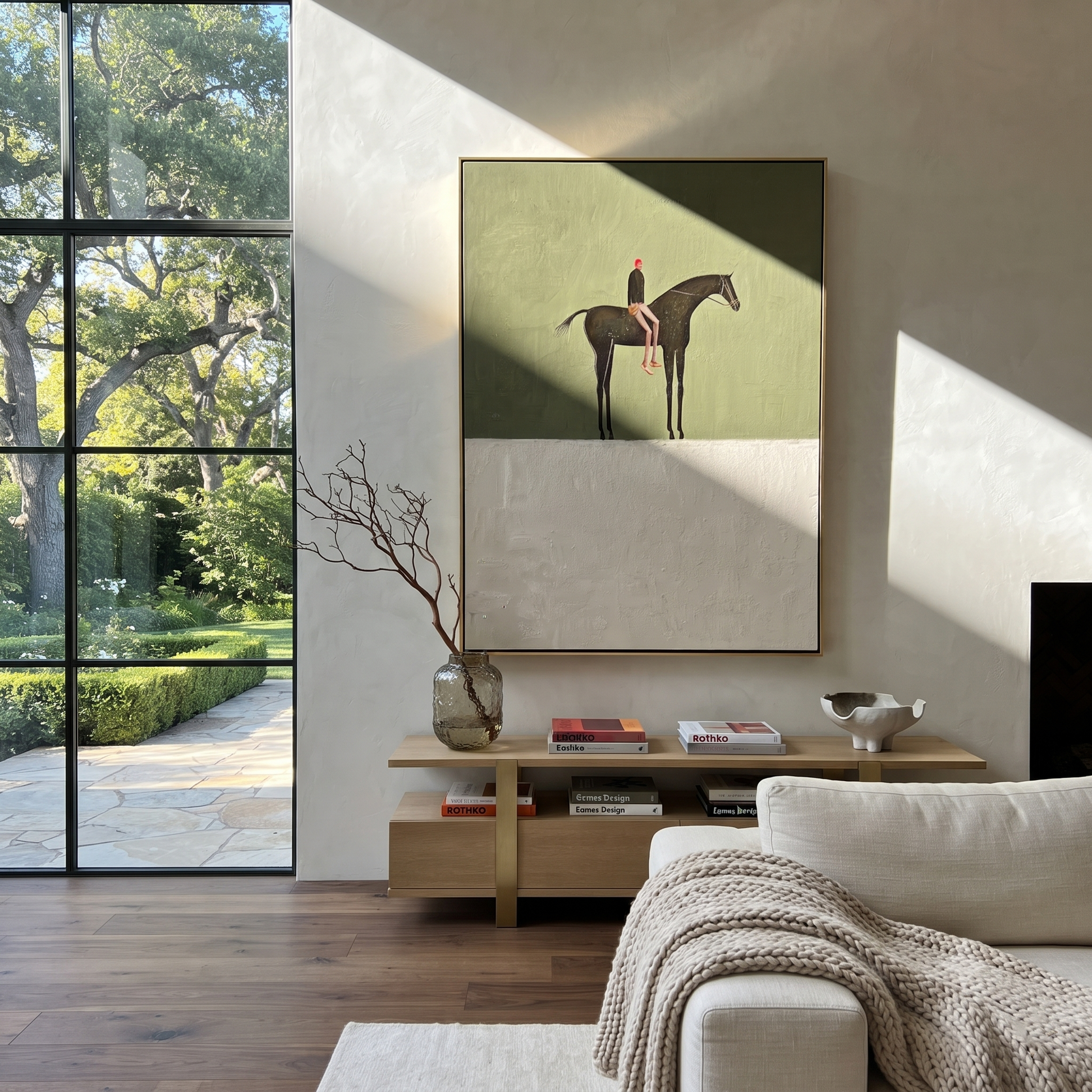 Amber Trail Cross the Quiet Field - horse and rider painting by Isabelle Laurent, modern Western vertical wall art – styled room scene view 1