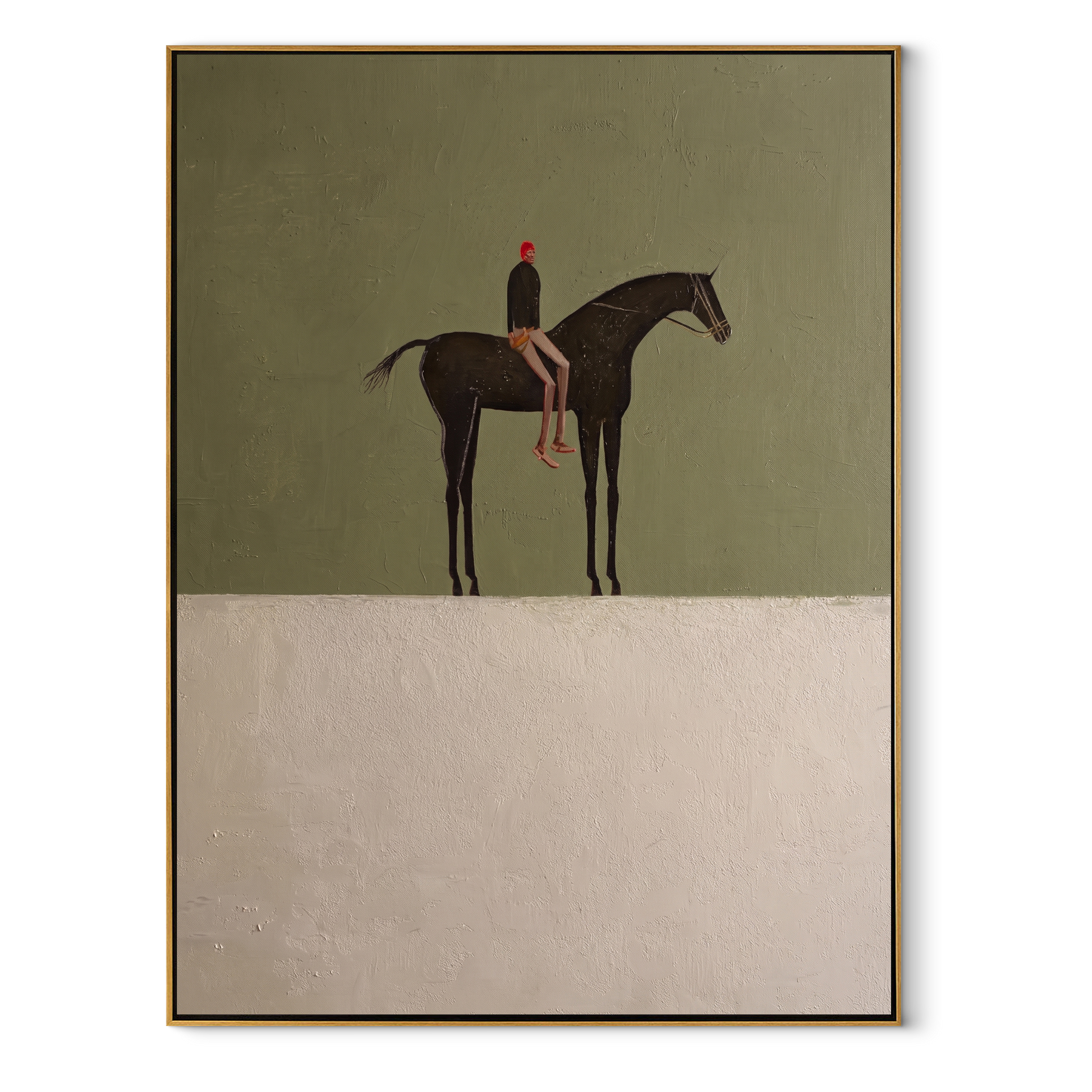 Amber Trail Cross the Quiet Field - horse and rider painting by Isabelle Laurent, modern Western vertical wall art – wood frame on white background