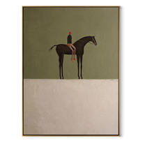 Amber Trail Cross the Quiet Field - horse and rider painting by Isabelle Laurent, modern Western vertical wall art – wood frame on white background