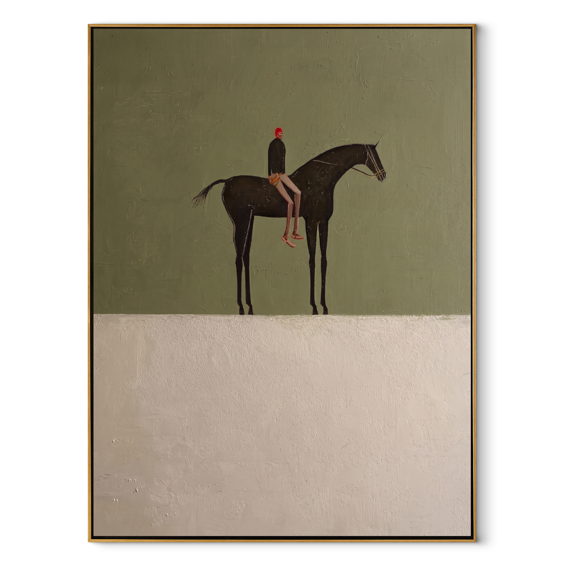 Amber Trail Cross the Quiet Field - horse and rider painting by Isabelle Laurent, modern Western vertical wall art – wood frame on white background
