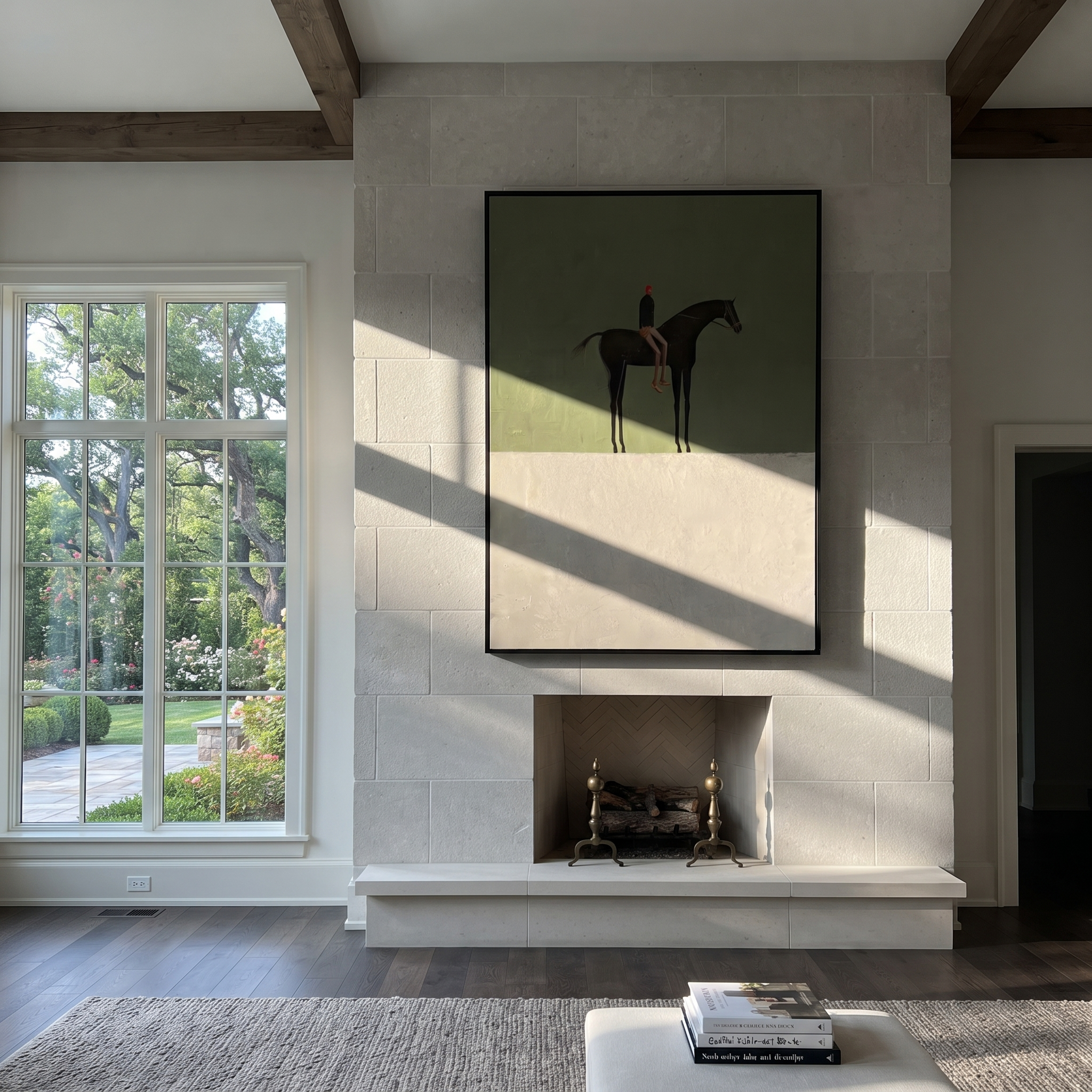 Amber Trail Cross the Quiet Field - horse and rider painting by Isabelle Laurent, modern Western vertical wall art – styled room scene view 2