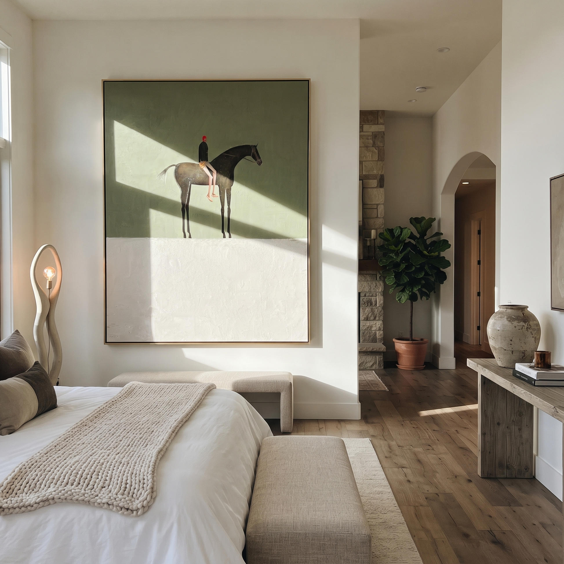 Amber Trail Cross the Quiet Field - horse and rider painting by Isabelle Laurent, modern Western vertical wall art – styled room scene view 4