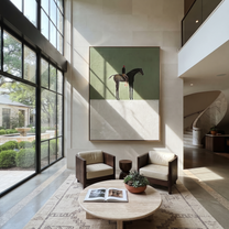 Amber Trail Cross the Quiet Field - horse and rider painting by Isabelle Laurent, modern Western vertical wall art – styled room scene view 5