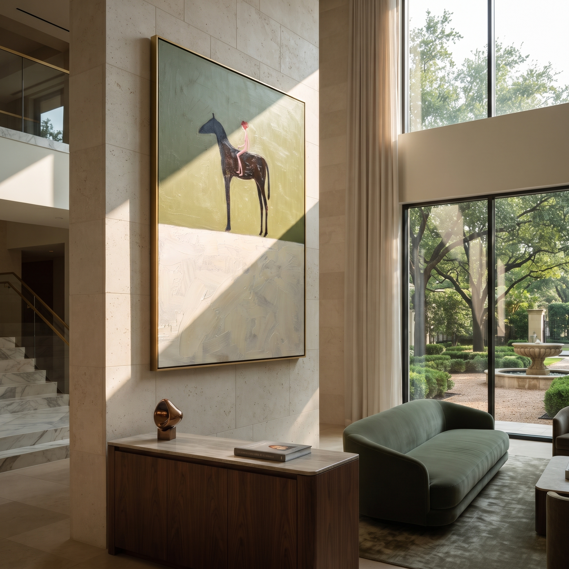 Still Hooves Wait beneath the Stars - horse and rider painting by Isabelle Laurent, modern Western vertical wall art – styled room scene view 1