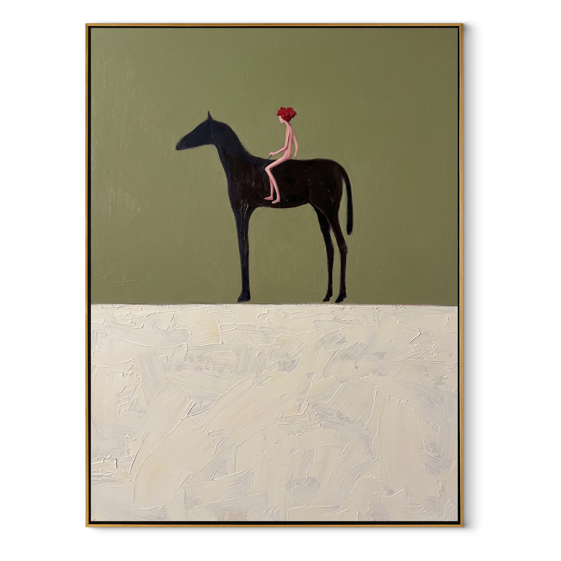 Still Hooves Wait beneath the Stars - horse and rider painting by Isabelle Laurent, modern Western vertical wall art – wood frame on white background