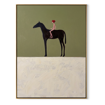 Still Hooves Wait beneath the Stars - horse and rider painting by Isabelle Laurent, modern Western vertical wall art – wood frame on white background