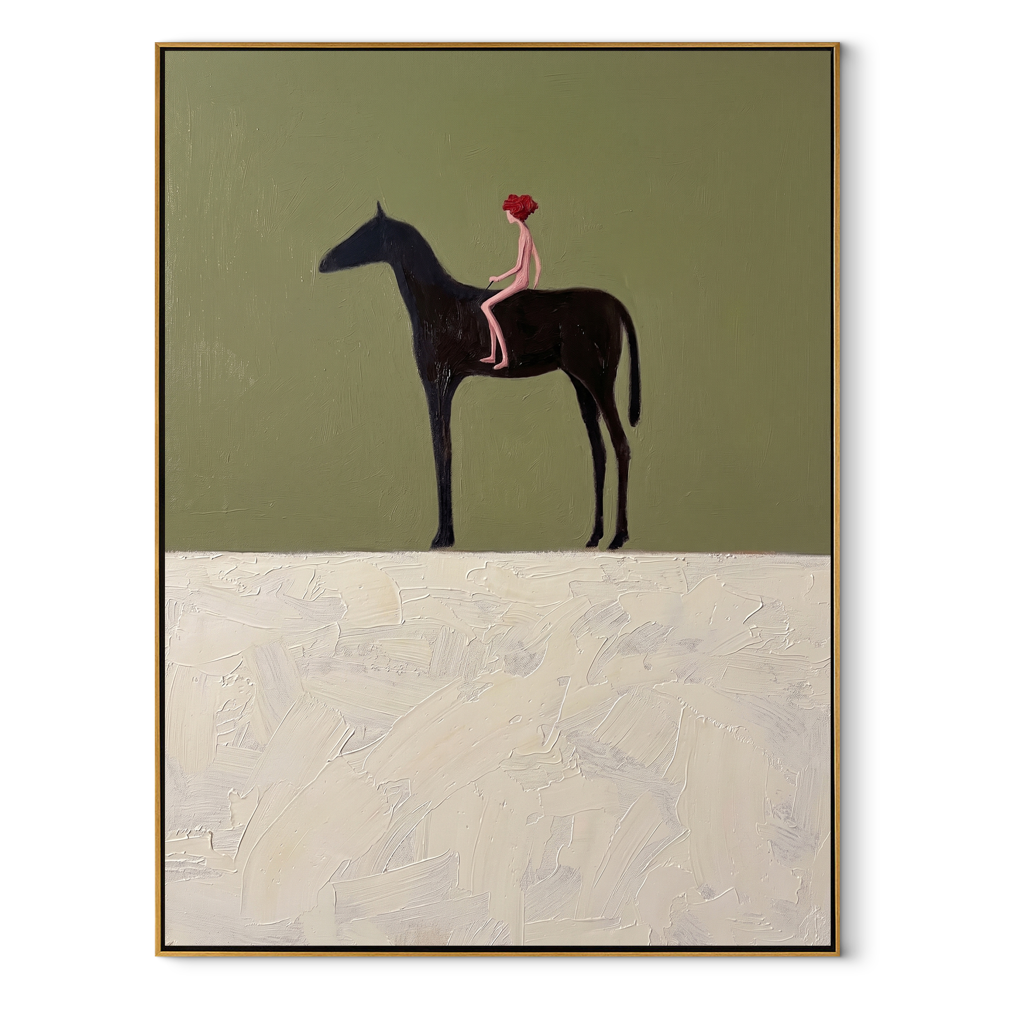Still Hooves Wait beneath the Stars - horse and rider painting by Isabelle Laurent, modern Western vertical wall art – wood frame on white background