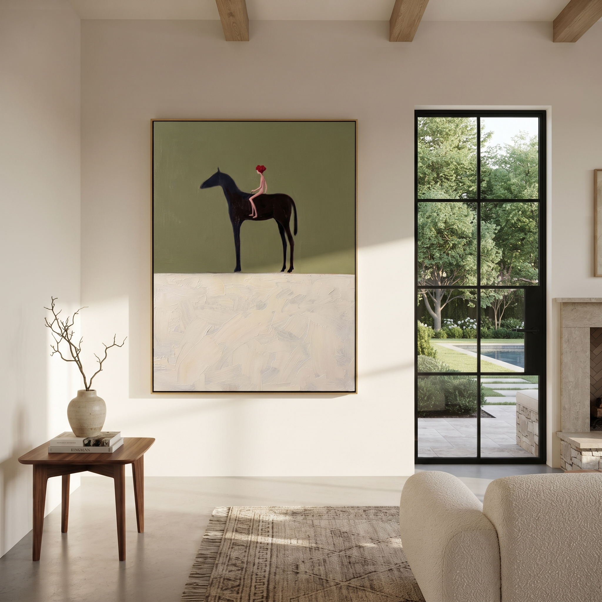 Still Hooves Wait beneath the Stars - horse and rider painting by Isabelle Laurent, modern Western vertical wall art – styled room scene view 2
