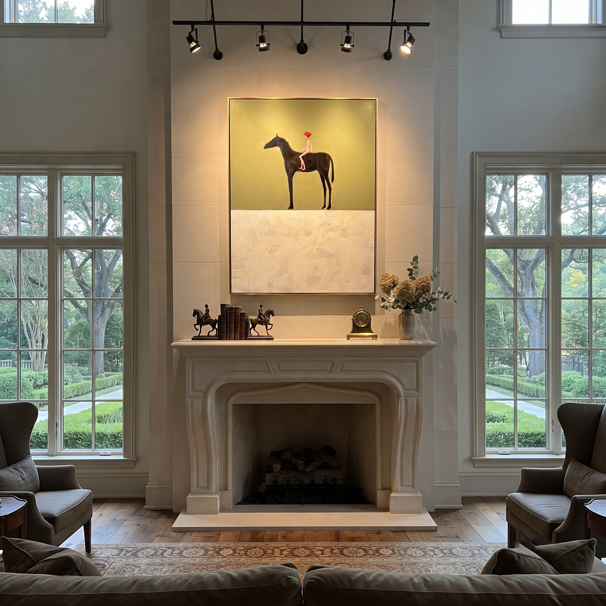 Still Hooves Wait beneath the Stars - horse and rider painting by Isabelle Laurent, modern Western vertical wall art – styled room scene view 3