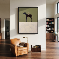 Still Hooves Wait beneath the Stars - horse and rider painting by Isabelle Laurent, modern Western vertical wall art – styled room scene view 4