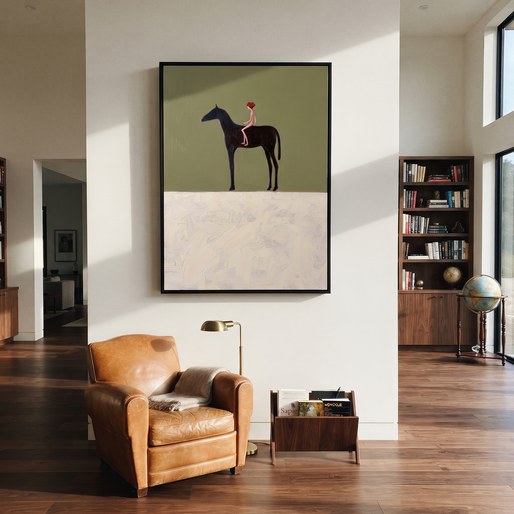 Still Hooves Wait beneath the Stars - horse and rider painting by Isabelle Laurent, modern Western vertical wall art – styled room scene view 4