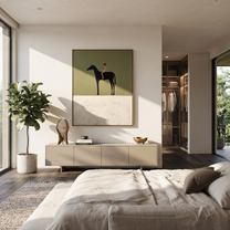 Still Hooves Wait beneath the Stars - horse and rider painting by Isabelle Laurent, modern Western vertical wall art – styled room scene view 5