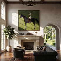 Midnight Rider Wait beneath the Stars - horse and rider painting by Isabelle Laurent, modern Western square wall art – styled room scene view 1
