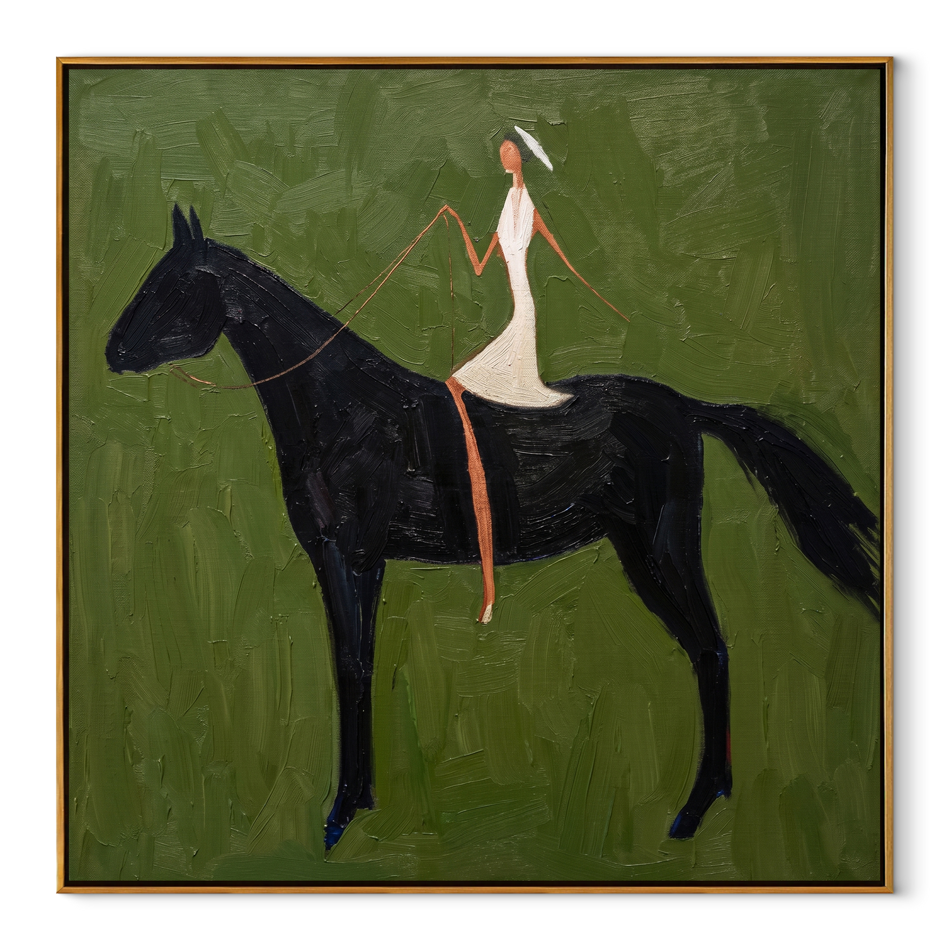 Midnight Rider Wait beneath the Stars - horse and rider painting by Isabelle Laurent, modern Western square wall art – wood frame on white background