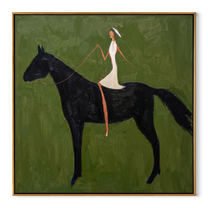Midnight Rider Wait beneath the Stars - horse and rider painting by Isabelle Laurent, modern Western square wall art – wood frame on white background