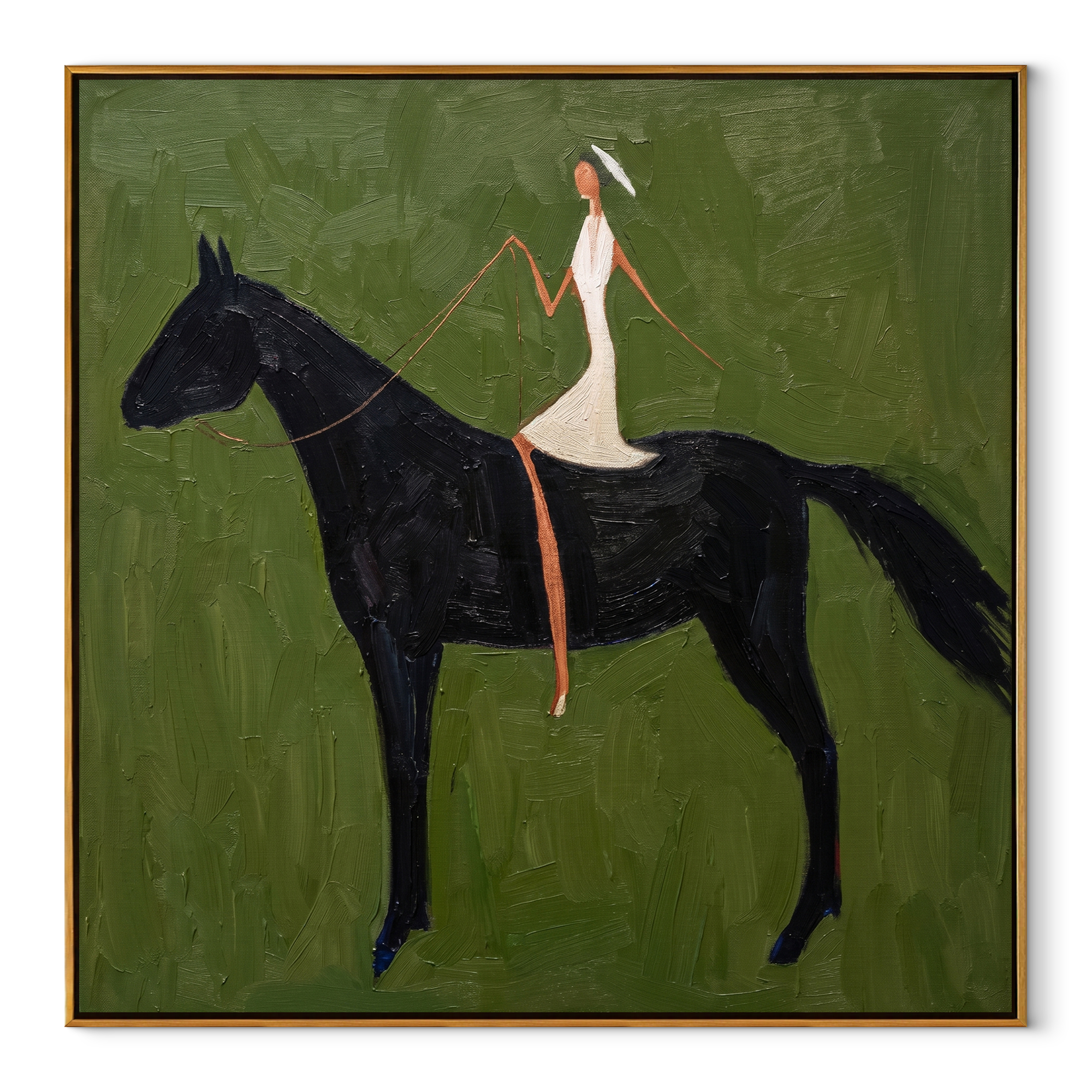 Midnight Rider Wait beneath the Stars - horse and rider painting by Isabelle Laurent, modern Western square wall art – wood frame on white background