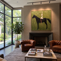 Midnight Rider Wait beneath the Stars - horse and rider painting by Isabelle Laurent, modern Western square wall art – styled room scene view 2
