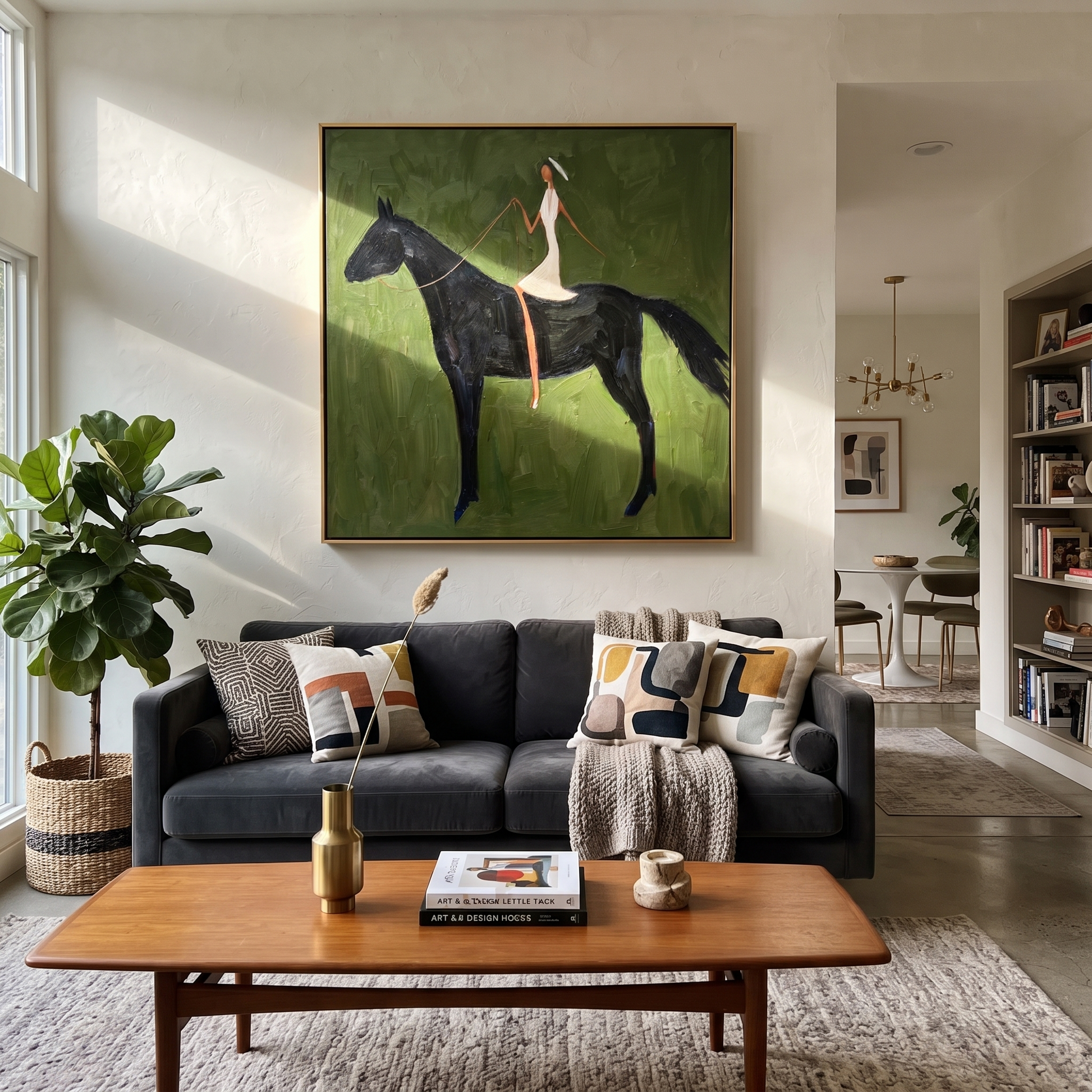 Midnight Rider Wait beneath the Stars - horse and rider painting by Isabelle Laurent, modern Western square wall art – styled room scene view 3
