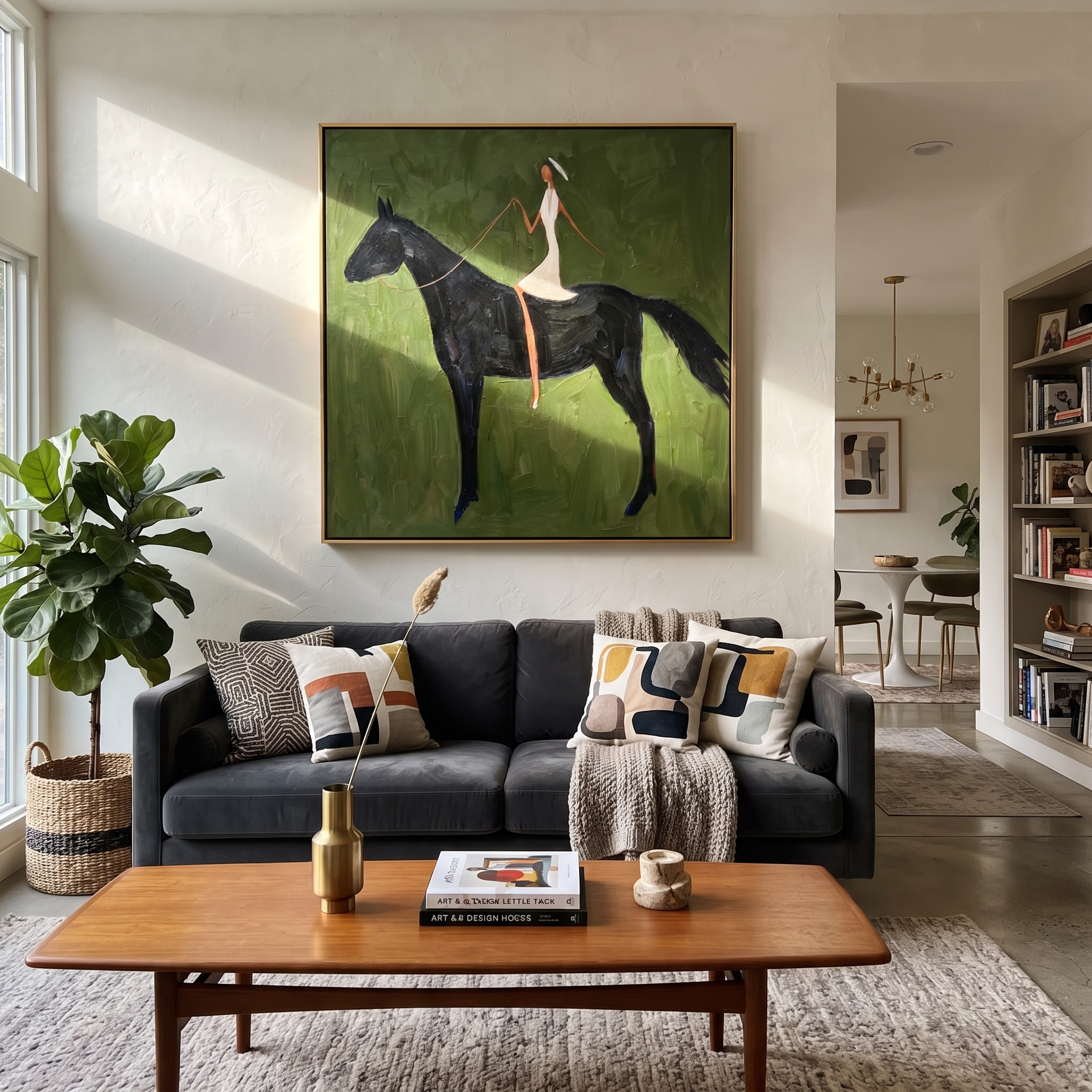 Midnight Rider Wait beneath the Stars - horse and rider painting by Isabelle Laurent, modern Western square wall art – styled room scene view 3