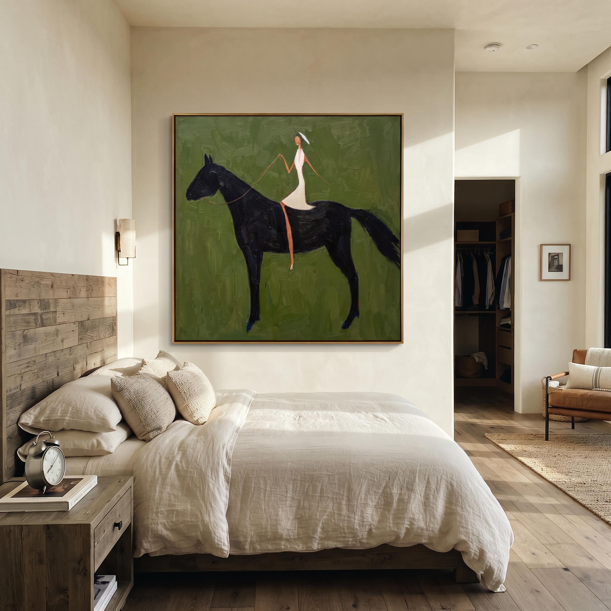 Midnight Rider Wait beneath the Stars - horse and rider painting by Isabelle Laurent, modern Western square wall art – styled room scene view 4