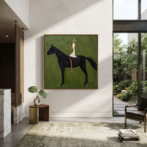 Midnight Rider Wait beneath the Stars - horse and rider painting by Isabelle Laurent, modern Western square wall art – styled room scene view 5