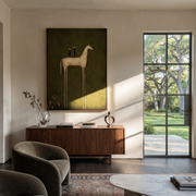 Quiet Reins Wait beneath the Stars - modern horse portrait by Isabelle Laurent, modern Western vertical wall art – styled room scene view 1