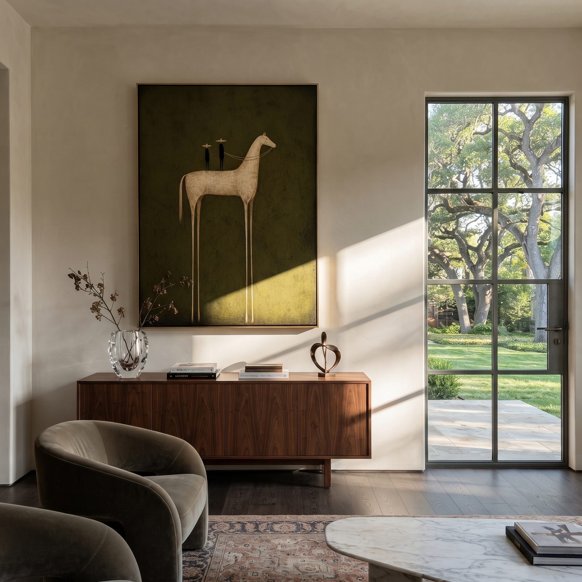 Quiet Reins Wait beneath the Stars - modern horse portrait by Isabelle Laurent, modern Western vertical wall art – styled room scene view 1