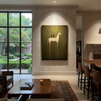 Quiet Reins Wait beneath the Stars - modern horse portrait by Isabelle Laurent, modern Western vertical wall art – styled room scene view 3