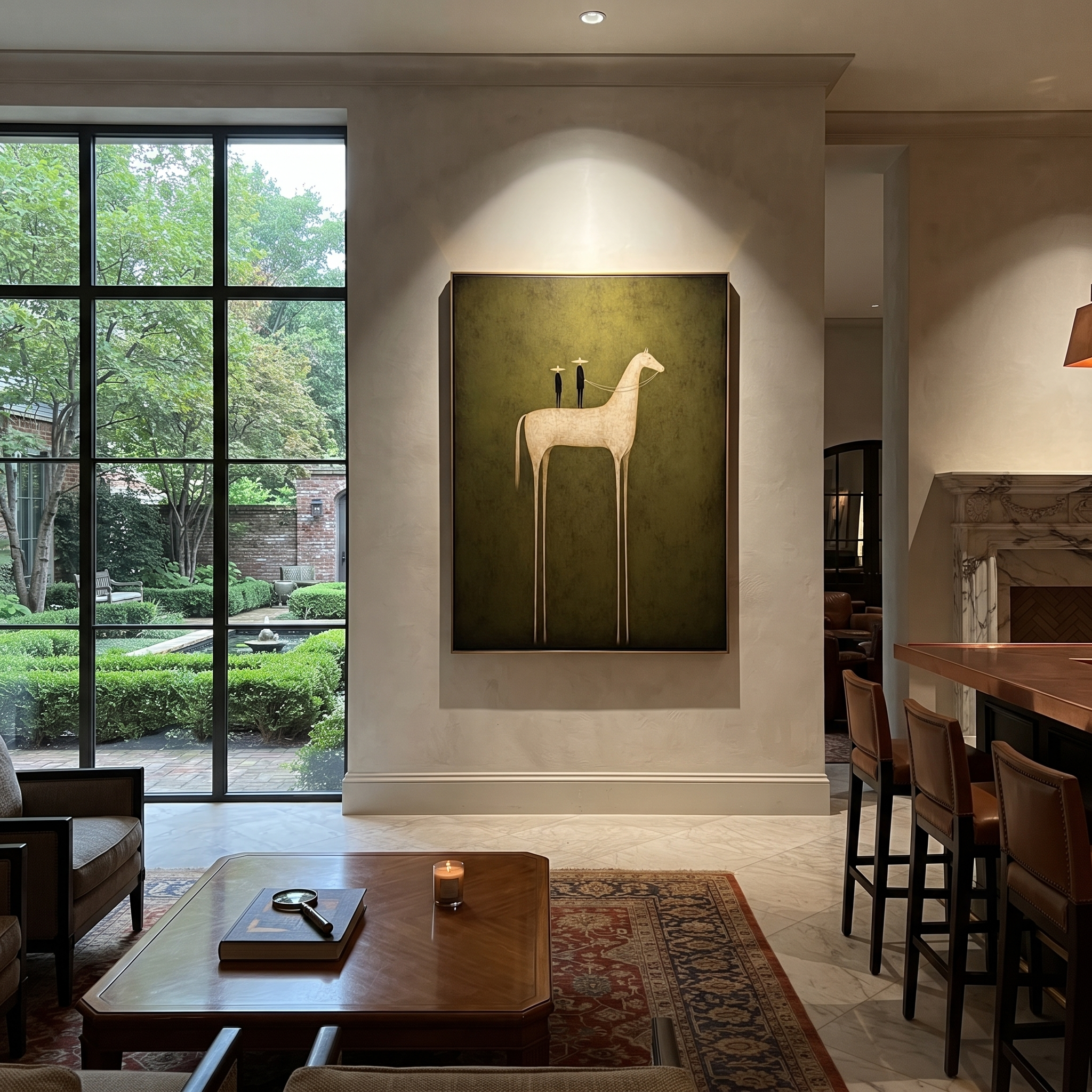 Quiet Reins Wait beneath the Stars - modern horse portrait by Isabelle Laurent, modern Western vertical wall art – styled room scene view 3