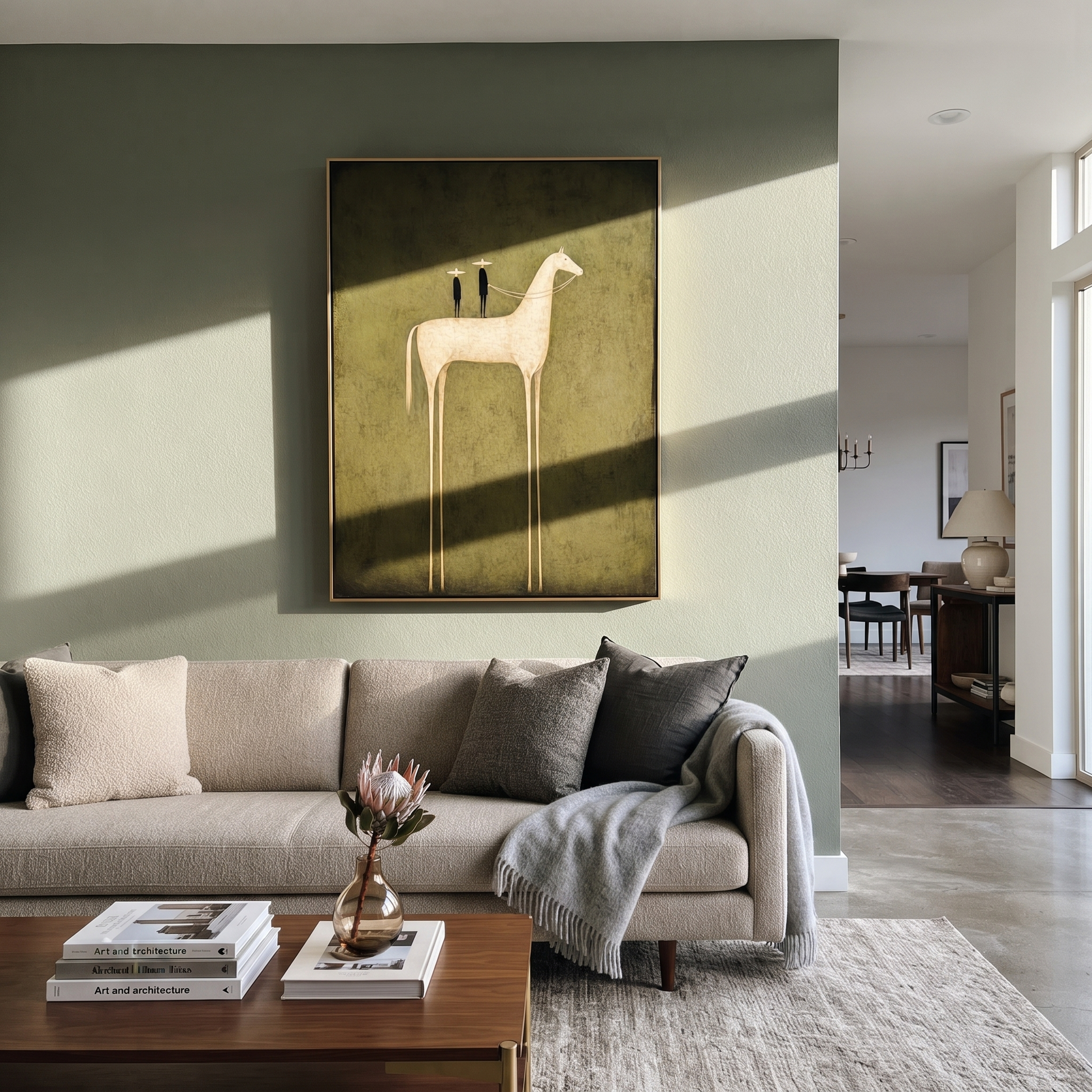 Quiet Reins Wait beneath the Stars - modern horse portrait by Isabelle Laurent, modern Western vertical wall art – styled room scene view 4