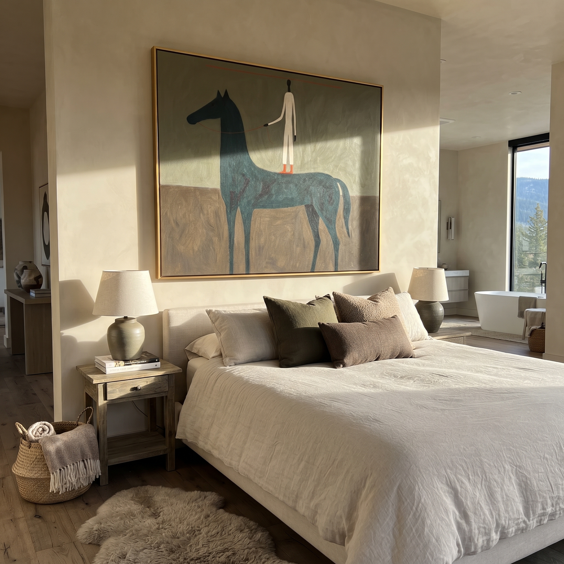 Painted Saddle Wait beneath the Stars - horse and rider painting by Isabelle Laurent, modern Western square wall art – styled room scene view 1