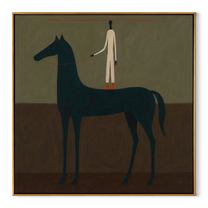 Painted Saddle Wait beneath the Stars - horse and rider painting by Isabelle Laurent, modern Western square wall art – wood frame on white background
