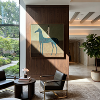 Painted Saddle Wait beneath the Stars - horse and rider painting by Isabelle Laurent, modern Western square wall art – styled room scene view 2