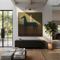 Painted Saddle Wait beneath the Stars - horse and rider painting by Isabelle Laurent, modern Western square wall art – styled room scene view 3