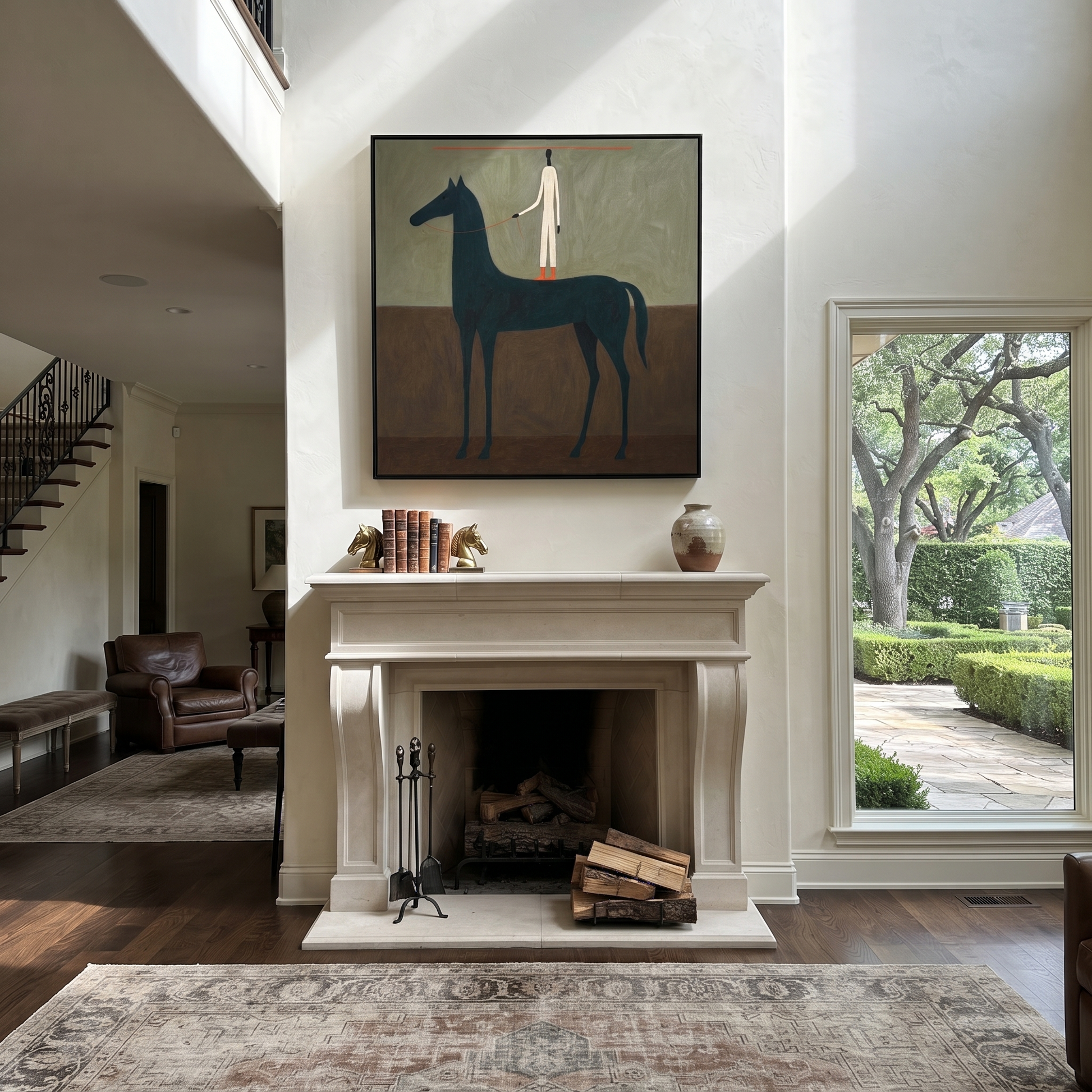 Painted Saddle Wait beneath the Stars - horse and rider painting by Isabelle Laurent, modern Western square wall art – styled room scene view 4