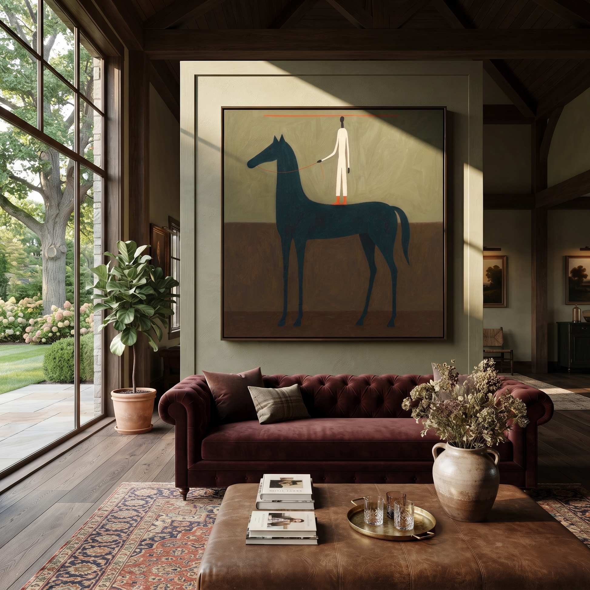 Painted Saddle Wait beneath the Stars - horse and rider painting by Isabelle Laurent, modern Western square wall art – styled room scene view 5