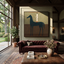 Painted Saddle Wait beneath the Stars - horse and rider painting by Isabelle Laurent, modern Western square wall art – styled room scene view 5