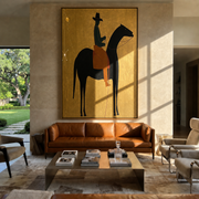 Long Mane Wait beneath the Stars - horse and rider painting by Isabelle Laurent, modern Western vertical wall art – styled room scene view 1