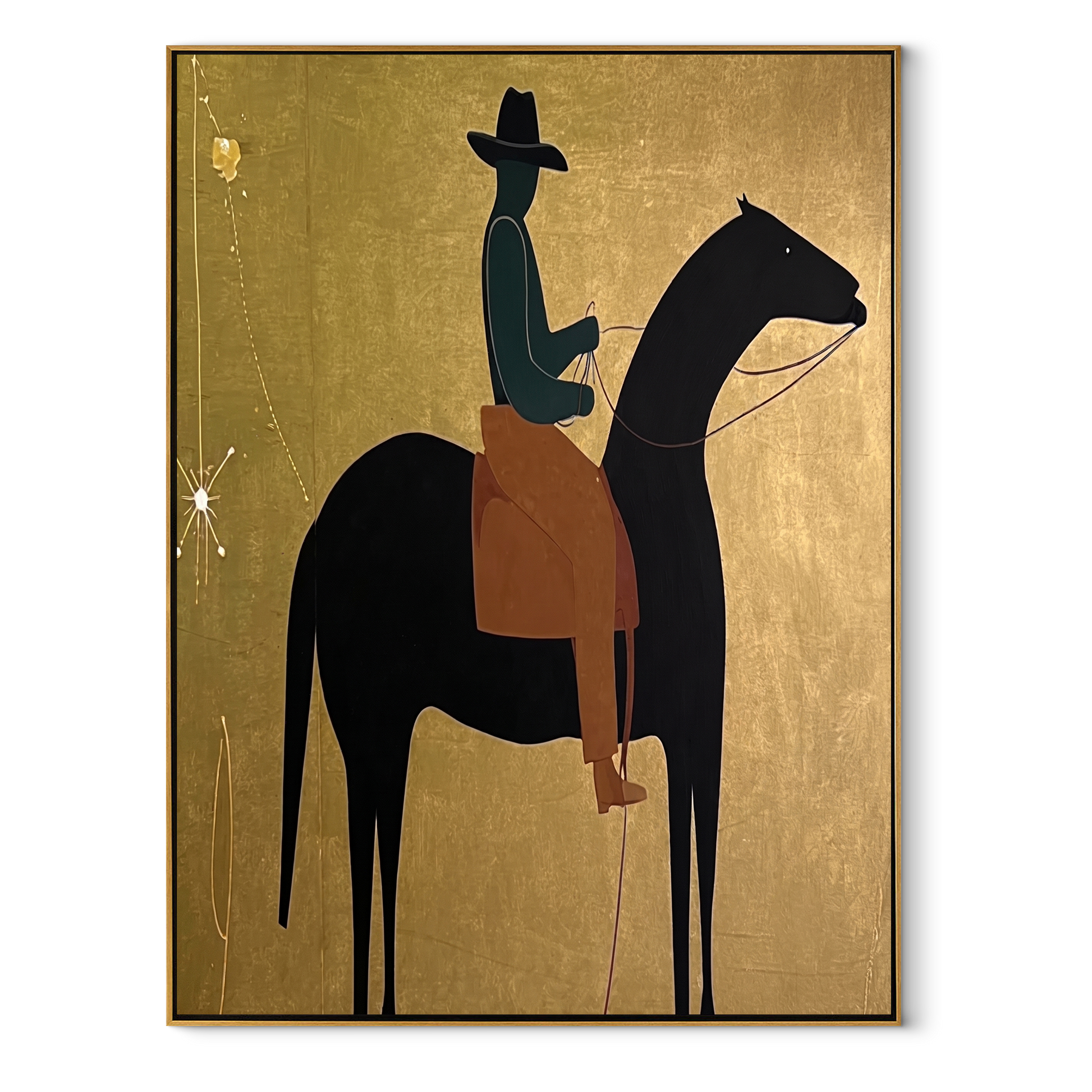 Long Mane Wait beneath the Stars - horse and rider painting by Isabelle Laurent, modern Western vertical wall art – wood frame on white background