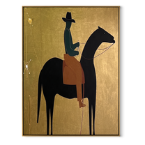 Long Mane Wait beneath the Stars - horse and rider painting by Isabelle Laurent, modern Western vertical wall art – wood frame on white background