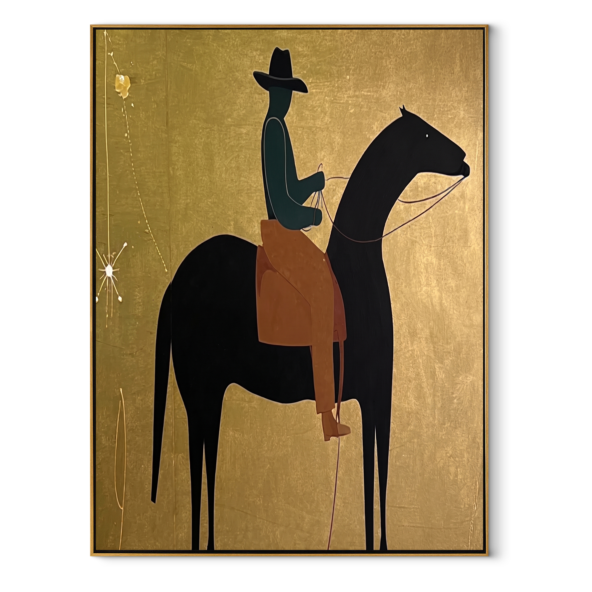 Long Mane Wait beneath the Stars - horse and rider painting by Isabelle Laurent, modern Western vertical wall art – wood frame on white background