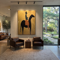 Long Mane Wait beneath the Stars - horse and rider painting by Isabelle Laurent, modern Western vertical wall art – styled room scene view 2