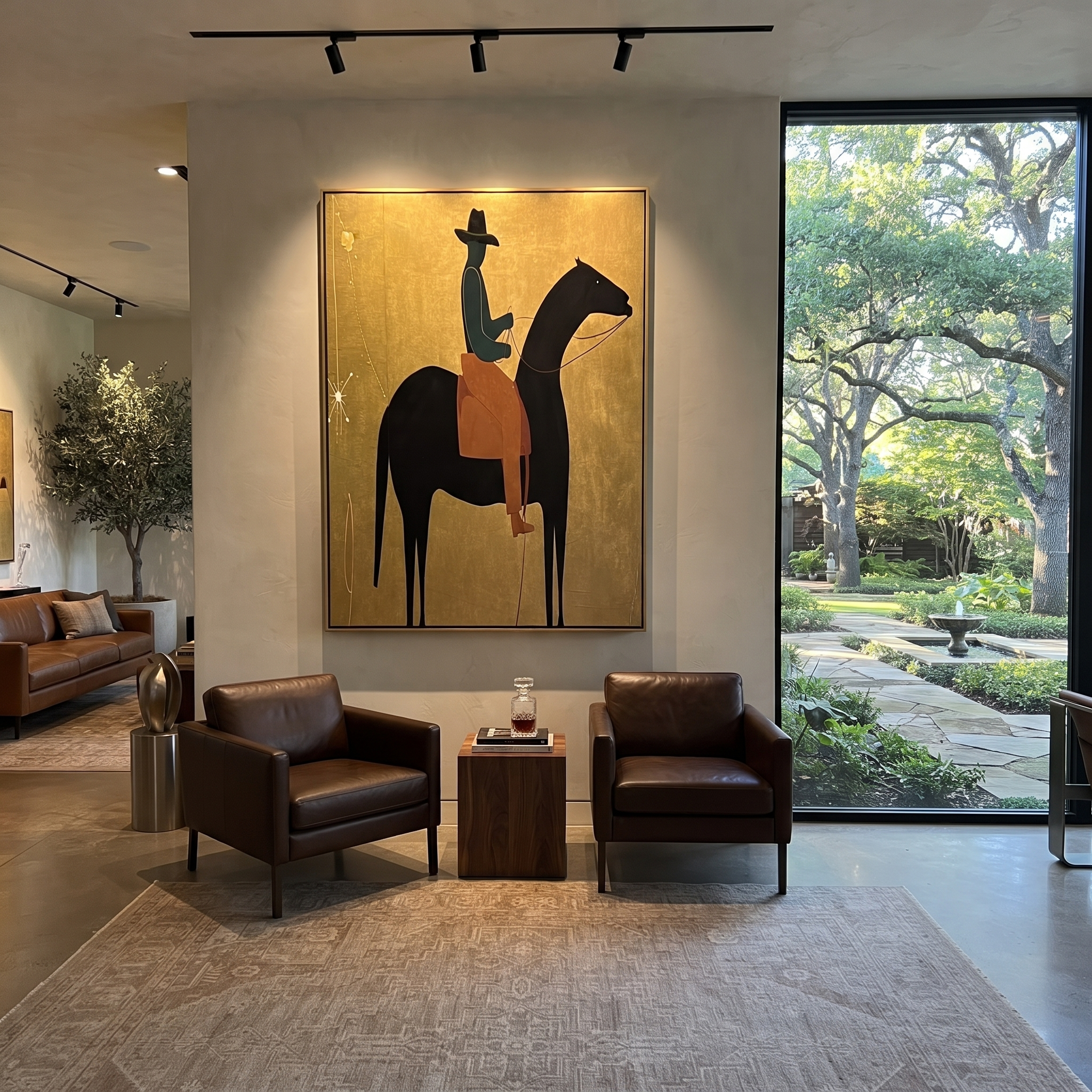 Long Mane Wait beneath the Stars - horse and rider painting by Isabelle Laurent, modern Western vertical wall art – styled room scene view 2