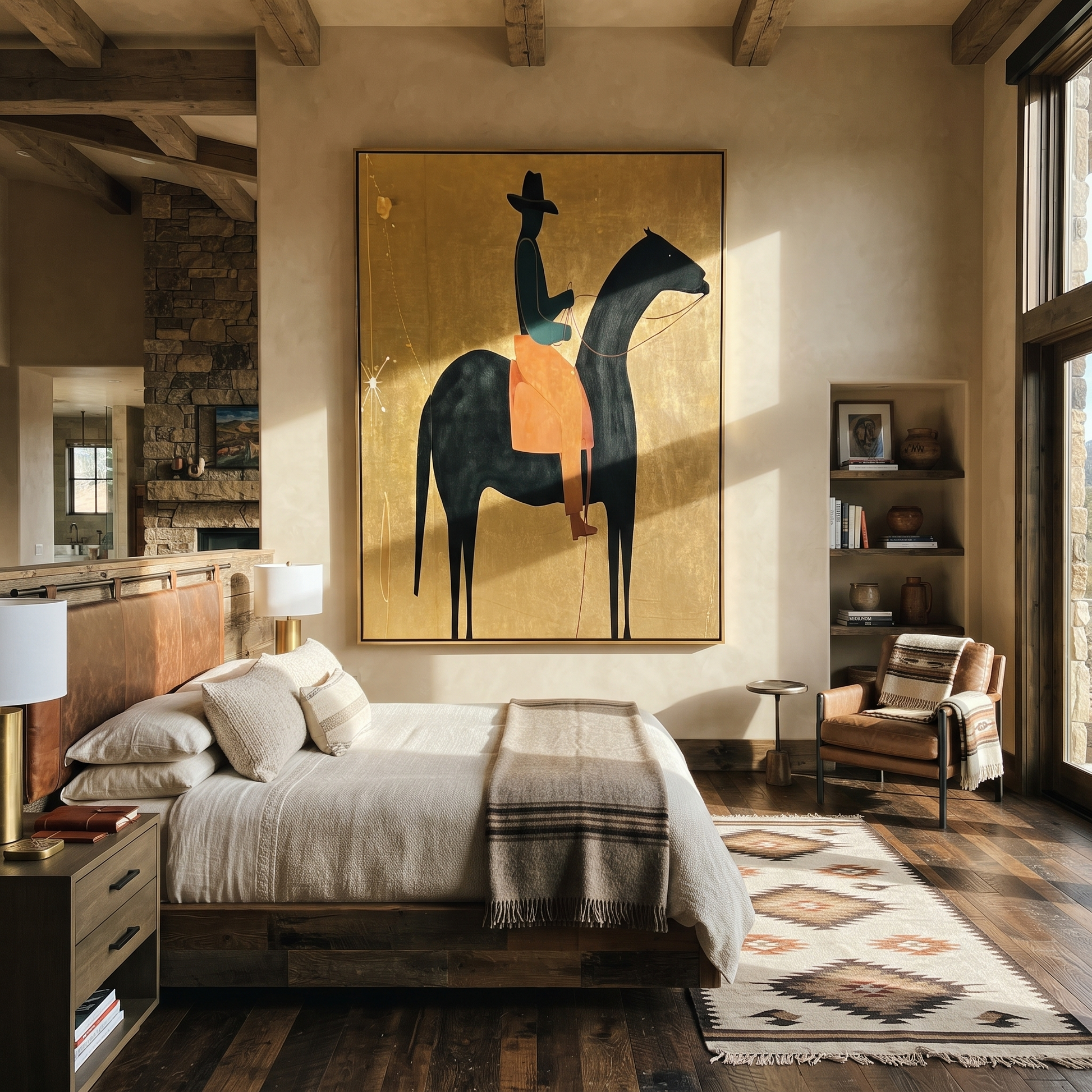 Long Mane Wait beneath the Stars - horse and rider painting by Isabelle Laurent, modern Western vertical wall art – styled room scene view 3