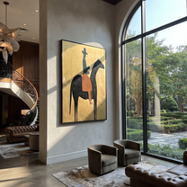 Long Mane Wait beneath the Stars - horse and rider painting by Isabelle Laurent, modern Western vertical wall art – styled room scene view 4